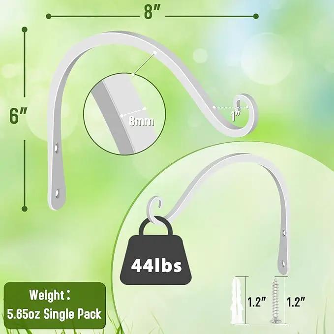 FEED GARDEN Iron Wall Hooks Decorative Metal Curved Plant Hanger Hooks, Indoor/Outdoor Use for Hanging Bird Feeders, Wind Chimes, Flower Baskets, Yoga Mat, (White, 8 Inch 2 Pack) by GreenHaven Gardens