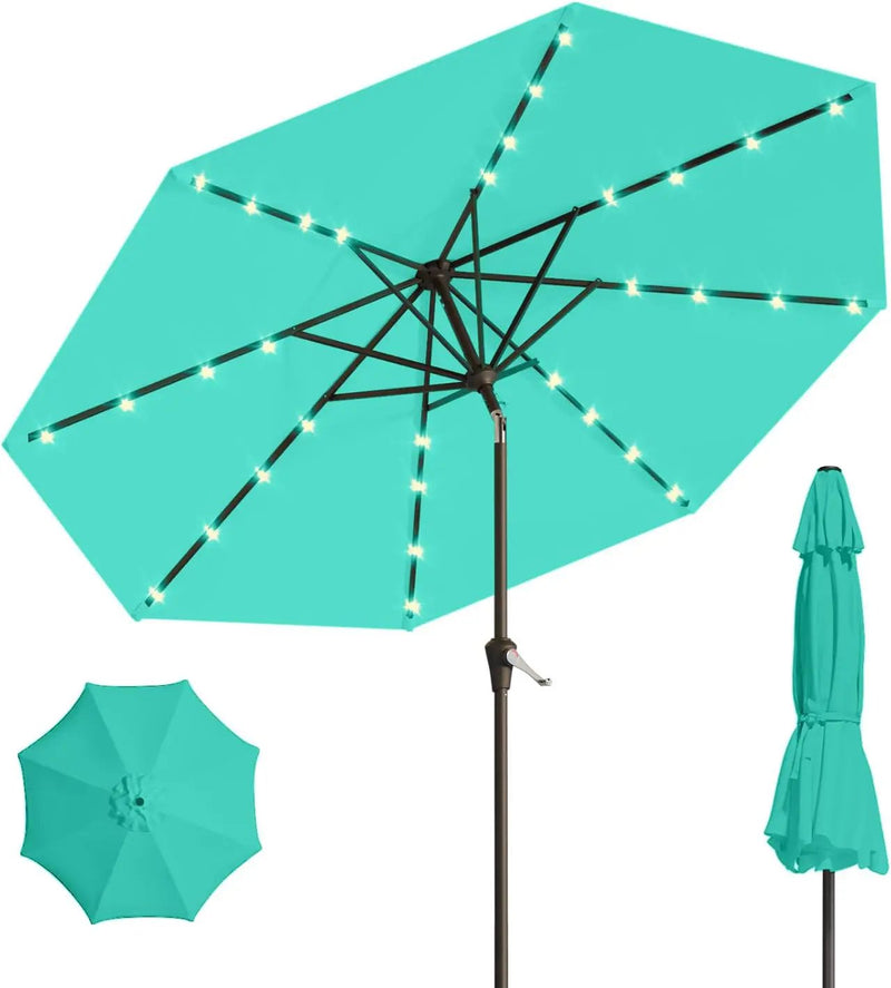 9FT Solar Umbrella 32 LED Lighted Patio Umbrella Table Market Umbrella w/Tilt and Crank, UV-Resistant Outdoor Umbrella for Pool, Garden, Deck, Turquoise Blue by GreenHaven Gardens