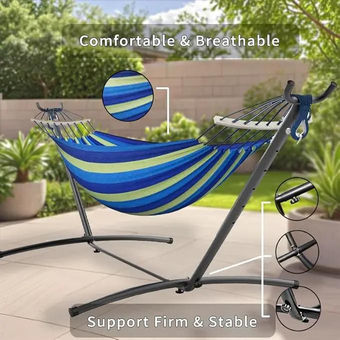 Double Hammock with Stand, 2 Person Hammock with Carrying Bag,Heavy Duty Portable,500 lb Capacity, Perfect for Both Indoors and Outdoors，Ocean Breeze by GreenHaven Gardens