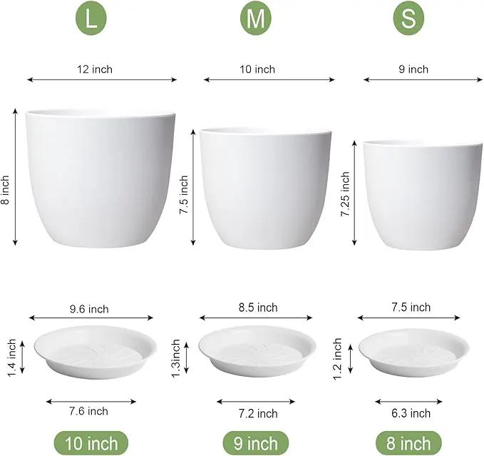 12/10/9 inch Large Plant Pots, 3 Pack Modern Decorative Plastic Planters with Drainage Holes and Saucers, Flower Pots for Indoor Outdoor Plants, White by GreenHaven Gardens