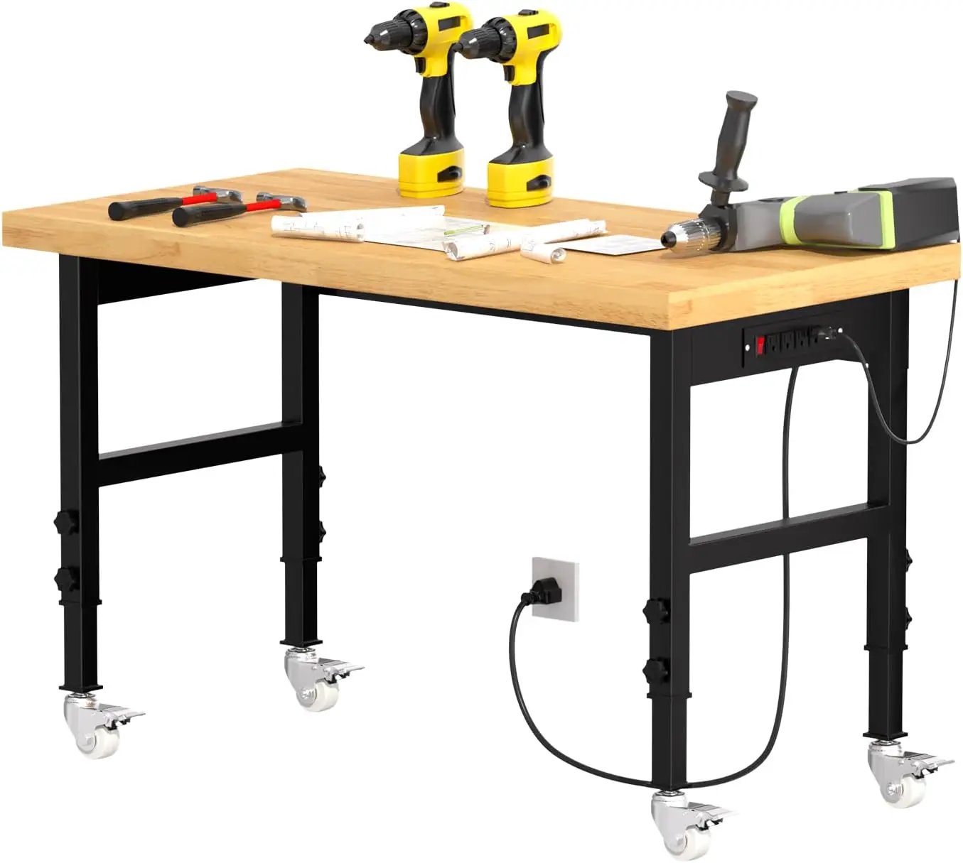 48" Work Bench, Adjustable Height Work Table with Power Outlets and Wheels, 2000 Lbs Capacity Heavy-Duty Hardwood Top Workstation for Garage, Workshop, Office, Home by GreenHaven Gardens