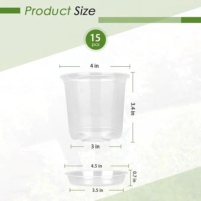 4/5/6/7 Inch Clear Nursery Pots for Plants with Sacuers 15 Pack, Plastic Flower Pots with Drainage Holes, Variety Pack Seedlings Garden Pot for Indoor Outdoor (4 inch) by GreenHaven Gardens