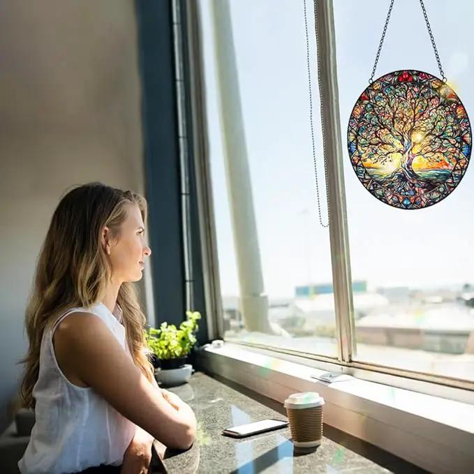 Tree of Life Suncatcher Stained Glass Window Hanging - 8″ Handmade Sun Catchers Indoor Window Valentines Day Decorations with Hooks and Chain - Wall Art Home Decor Panel Gifts for Women Men Mom Dad by GreenHaven Gardens