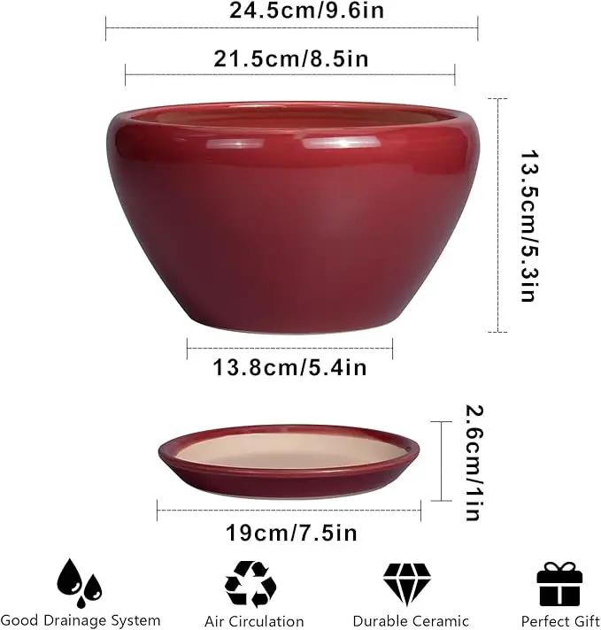 Ceramic Plant Pot 9 Inch - Planter Pot with Drainage Hole and Saucer, Round Large Planter for Indoor Plants, Outdoor Flower Pot for House Patio Decor, Red by GreenHaven Gardens