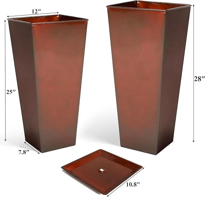 WORTH Garden Large Metal Glazed Planter Set of 2 (25" + 28"), Luxurious Glossy Finish Red Tall Square Tapered Steel Plant Pot, Decor Flower Pot Indoor & Outdoor, Drainage Hole & Dual-Purpose Saucer by GreenHaven Gardens