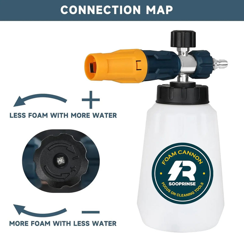 Sooprinse Foam Cannon with 1/4 Inch Quick Connector, Heavy Duty Car Foam Blaster Wide Neck Adjustable Snow Foam Lance for Pressure Washer, 5 Pressure Washer Nozzle Tips, 1 Liter by GreenHaven Gardens