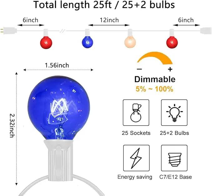 4th of July Decorations String Lights, 25Ft Outdoor Patio String Lights with 27 G40 Red White and Blue Light Bulbs(2 Spare), Independence Day Lights for Patriotic Party Garden Festival Decor- White by GreenHaven Gardens