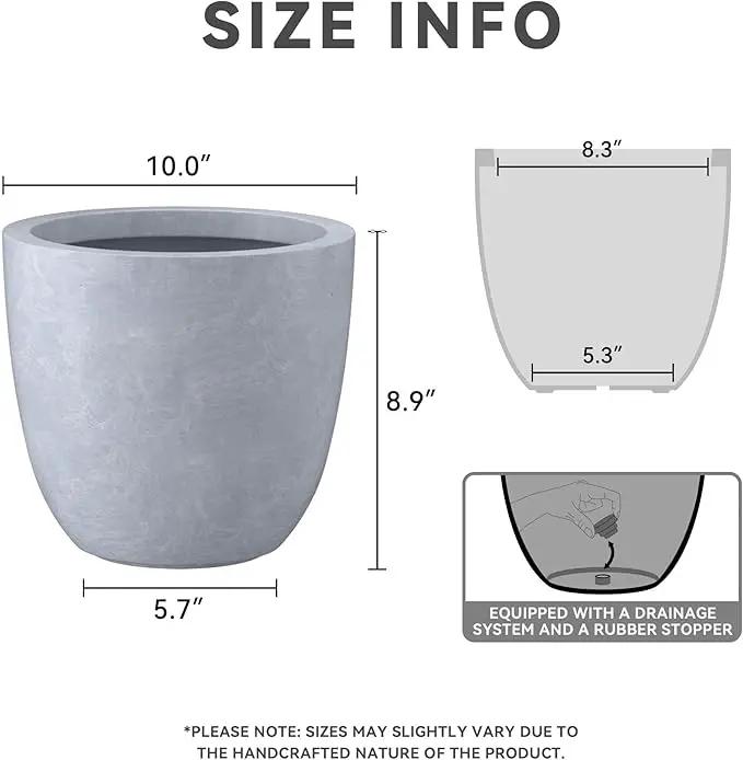 Kante 10 Inch Dia Round Concrete Planter, Indoor Outdoor Large Plant Pot with Drainage Hole and Rubber Plug for Home Patio Garden, Gray by GreenHaven Gardens
