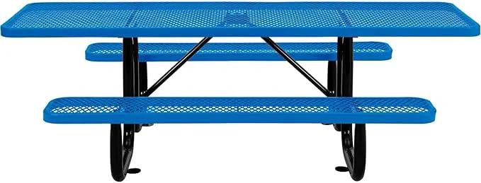 Global Industrial 8'L Rectangular Picnic Table, ADA Compliant, Expanded Metal, Blue Thermoplastic Coating, Attached Benches, 1-1/2” Umbrella Pole Hole, Outdoor-Rated by GreenHaven Gardens