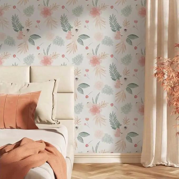 Neutral Green Leaves Pink Poppy Floral Peel and Stick Wallpaper Self Adhesive Removable Easy Peel Off Stick on Wall Paper for Bedroom Cabinet Renter by GreenHaven Gardens