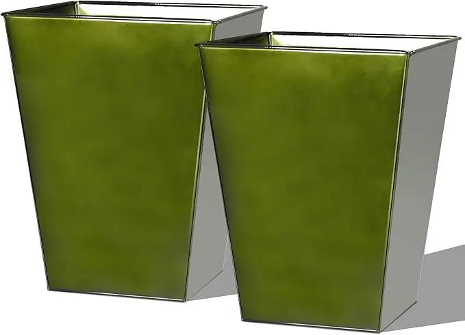 Worth Garden Large Metal Glazed Floor Planter Set of 2-14" Dia x 18" H - Luxurious Glossy Finish Green Tall Square Tapered Steel Plant Pots, Decor Flower Pot Indoor & Outdoor, Drainage Hole by GreenHaven Gardens