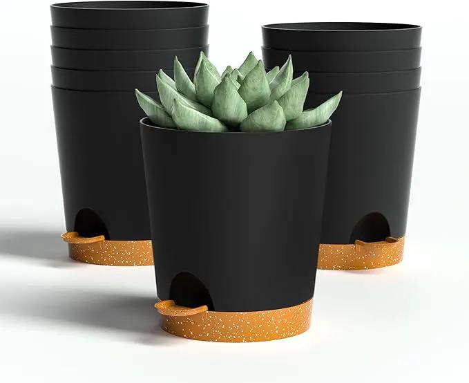 4 inch Small Plant Pots for Outdoor Indoor Plants, 10 Pack Planters with Drainage Holes and Tray, Small Self Watering Pots for Succulent, Cactus, Aloe and Other Plants (Black) by GreenHaven Gardens