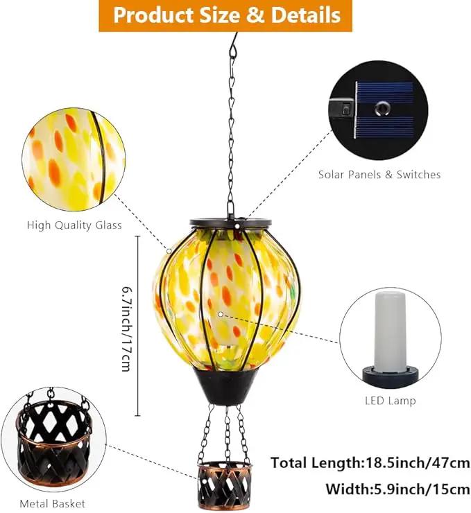 2PCS Hot Air Balloon Solar Lanterns with Flickering Flame,Yellow Glass Hanging Solar Lanterns Outdoor Waterproof Hot Air Balloon Light for Patio Tree Yard Garden Decor,Garden Gift for Women by GreenHaven Gardens