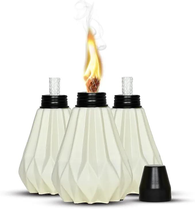 Deco Window Pack of 3 Table Torch for Indoor Outdoor Citronella Oil Tabletop Ceramic Lamp Landscape White Lantern with Fiberglass Wick & Cap for Garden Patio Yard Party Decor Light by GreenHaven Gardens