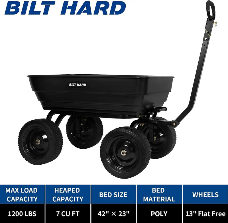 BILT HARD 1200 lbs Poly Garden Dump Cart with No Flat Tires, Quick Release, 2-in-1 Convertible Handle, 7 Cu Ft Dump Wagon Heavy Duty for Yard, Outdoor by GreenHaven Gardens