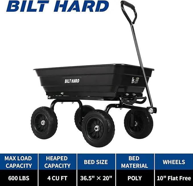 BILT HARD 4 Cu.Ft. 10" No-Flat Tires Poly Yard Dump Cart with 180° Rotating Handle, 600 lbs Capacity Heavy Duty Garden Carts and Wagons by GreenHaven Gardens