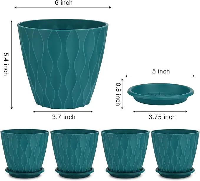 6 inch Plant Pots, 5 Pack Flower Pots Outdoor Indoor, Planters with Drainage Hole and Tray Saucer(Blue by GreenHaven Gardens