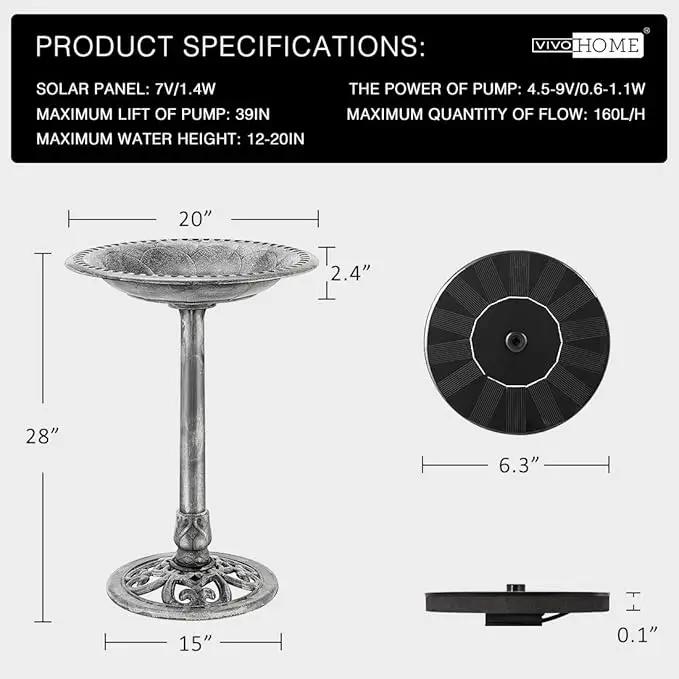 VIVOHOME Polyresin Antique Outdoor Gray Garden Bird Bath and Solar Powered Round Pond Fountain Combo Set by GreenHaven Gardens