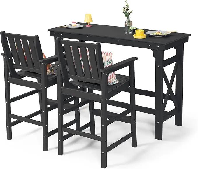 3 Pieces HDPE Outdoor Bar Table and Chairs Set, Tall Adirondack Chairs Set of 2 with Rectangular Bar Table, Patio Bar Stools Set, HDPE Outdoor Patio Bar Set for Balcony, Porch, Deck, Obsidian by GreenHaven Gardens