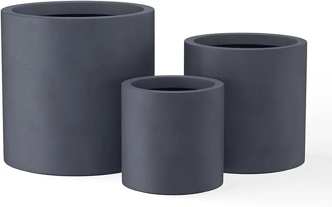 Kante 9.8",12.6",15.7" Dia Round Concrete Planter Set of 3, Modern Style Large Cylindrical Plant Pot with Drainage Hole and Rubber Plug for Indoor Outdoor Patio, Charcoal by GreenHaven Gardens