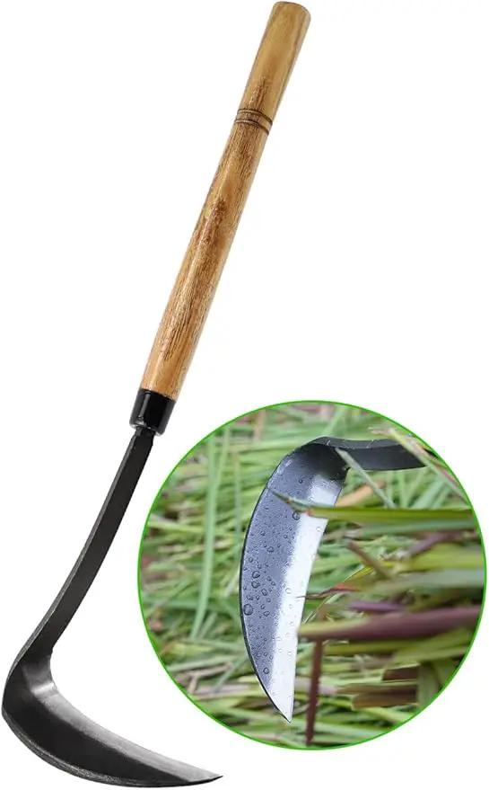 Japanese Weeding Sickle Hoe, 17" Gardening Hand Weeder Nejiri Kama Blade Tool Digging and Cutting Weed Remover, High-Carbon Steel One-Piece Molding with Hard Wood Handle, Very Sharp Edge Quick Work by GreenHaven Gardens