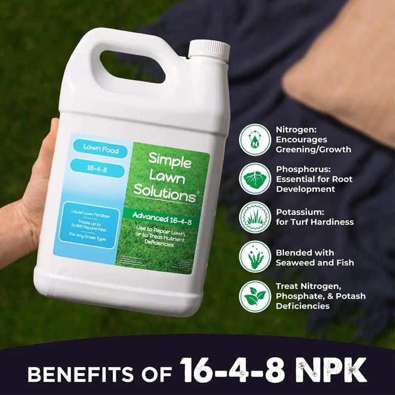 Advanced 16-4-8 Lawn Fertilizer - Liquid Lawn Food Spring & Summer Concentrated Spray - Any Grass Type- Fish and Seaweed Kelp- Balanced NPK - Simple Lawn Solutions (1 Gallon) by GreenHaven Gardens