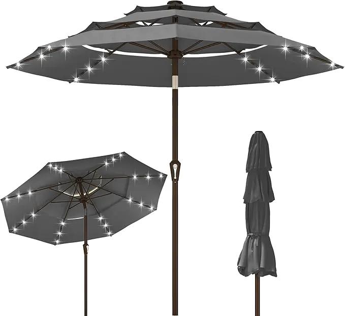 Kingdura 9ft 3-Tier Patio Umbrella with Solar Lights, Table Umbrella Outdoor Patio with Easy Crank & Tilt, 8 Sturdy Ribs, UV Protection, 32 LED Lights for Deck, Poolside, Market (Grey) by GreenHaven Gardens
