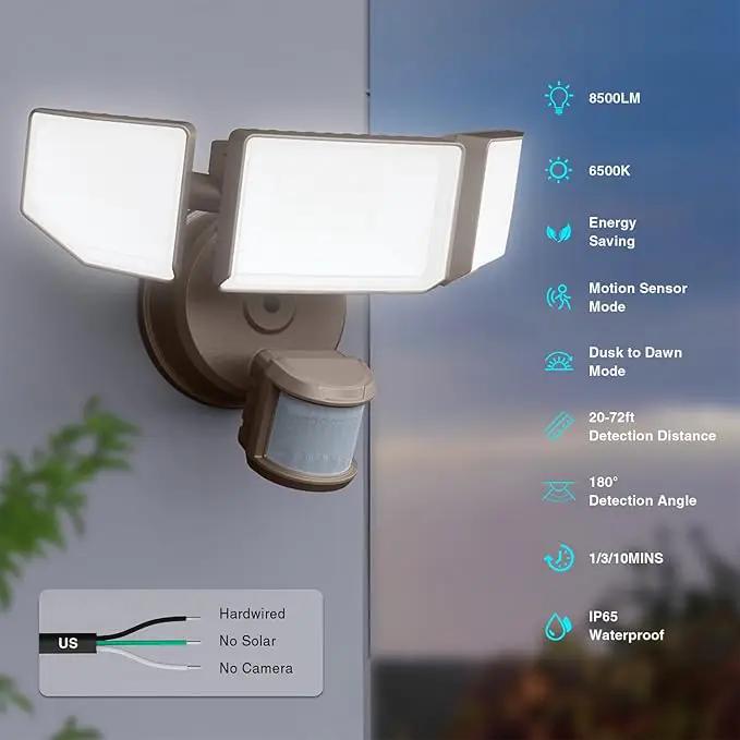 85W LED Security Lights Motion Sensor Light Outdoor, 8500LM Dusk to Dawn, IP65 Waterproof, 6500K, 3 Head Motion Detected Flood Light, Floodlight for Outside, Garage, Yard, Porch (Brown) by GreenHaven Gardens