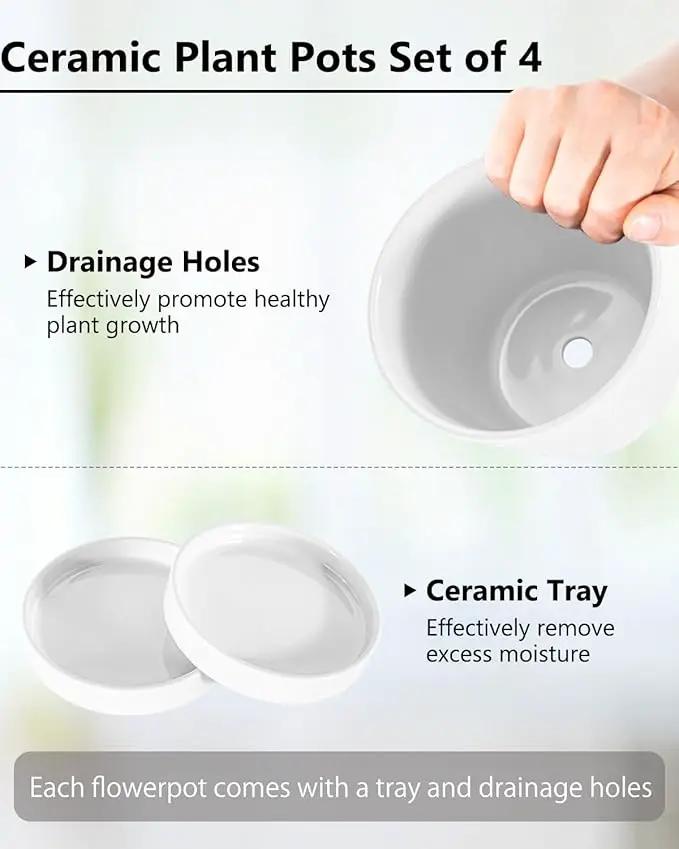 EFISPSS Flower Planter –5 inch Ceramic Plant Pots with Drainage Holes and Ceramic Tray - Gardening Home Desktop Office Windowsill Decoration Gift Set of 4 - Plants NOT Included (White) by GreenHaven Gardens