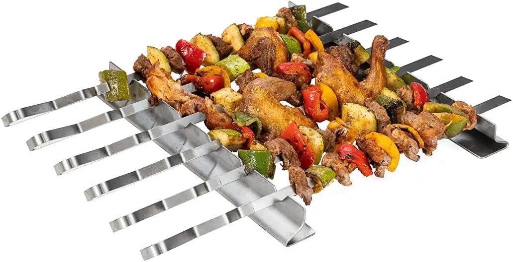 Restaurantware Met Lux 16.9 Inch Barbecue Skewers With Racks 8 Piece Heavy-Duty Shish Kabob Skewer Set - Brings 6 Skewers Includes 2 Grill Racks Stainless Steel Grilling Skewer Set Reusable by GreenHaven Gardens