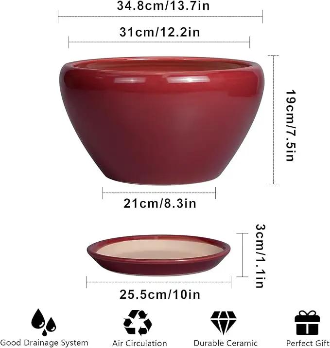Ceramic Planter - Indoor Plant Pot with Drainage Hole and Saucer 13 Inch Large Pots for Plants Round Modern Outdoor Flower Pot Mid-Century Patio Room Decor Red by GreenHaven Gardens