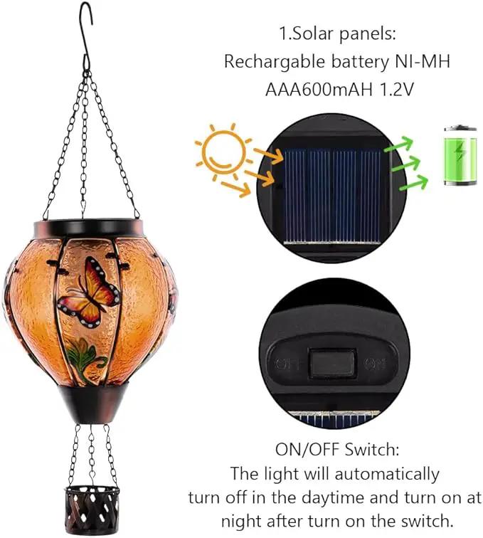 Starsoul Butterfly Hot Air Balloon Solar Lantern with Flickering Flame Light Glass Solar Powered Hot Air Balloon Lamp Waterproof Hanging Outdoor Solar Lantern for Yard Porch Backyard Decor by GreenHaven Gardens