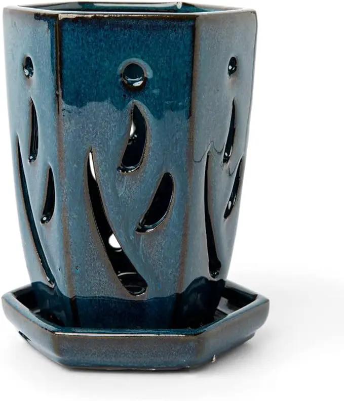 rePotme Orchid Pot, 4 x 6 inch Hexagon Ceramic Orchid Pot with Holes and Matching Saucer (Teal Jade) by GreenHaven Gardens