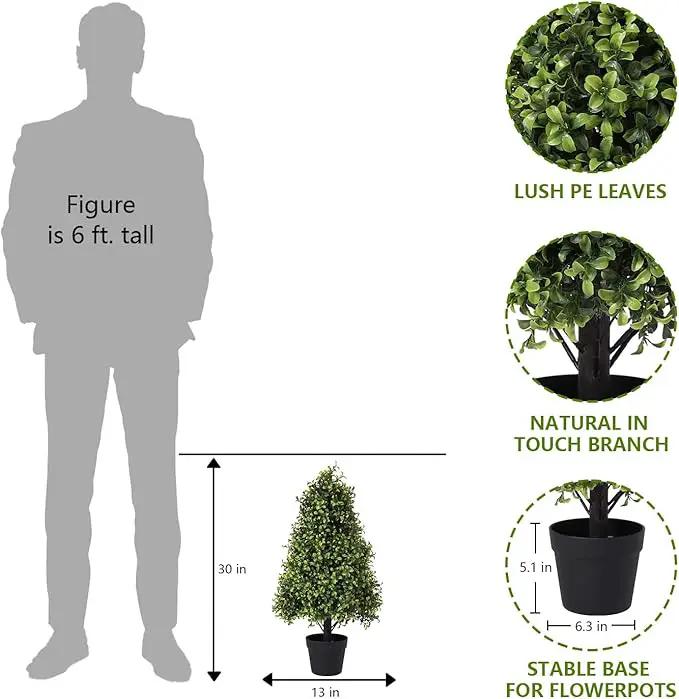 30" Artificial Boxwood Topiary Trees Outdoor Set of 2 - UV Resistant Faux Plants for Front Porch Outside Planter, Realistic Fake Cone-Shaped Bushes & Shrubs 2.5ft by GreenHaven Gardens