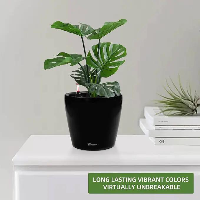 Dexceder 9x8 Inches High Gloss Self Watering Planter Indoor Outdoor, Inner Pot Design, Thickened Table Flower Plant Pot with Water Level Indicator (Black) by GreenHaven Gardens