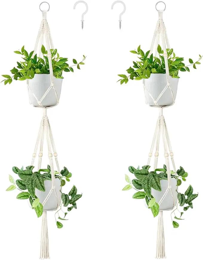 Belit 2 Pack Double Macrame Plant Hangers 2 Tier Hanging Planter Basket Decorative Flower Pot Holder Rope for Indoor Outdoor Home Decor 51 Inch by GreenHaven Gardens