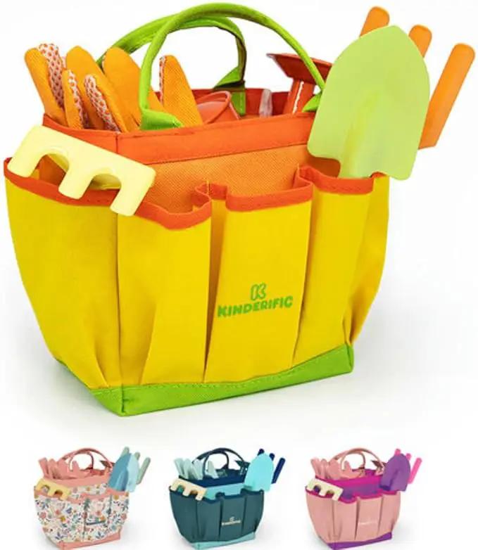 Gardening Set, Tool Kit, for Kids, STEM, Includes Tote Bag, Spade, Watering Can, Rake, Fork, Trowel and Gloves (Sunshine) by GreenHaven Gardens