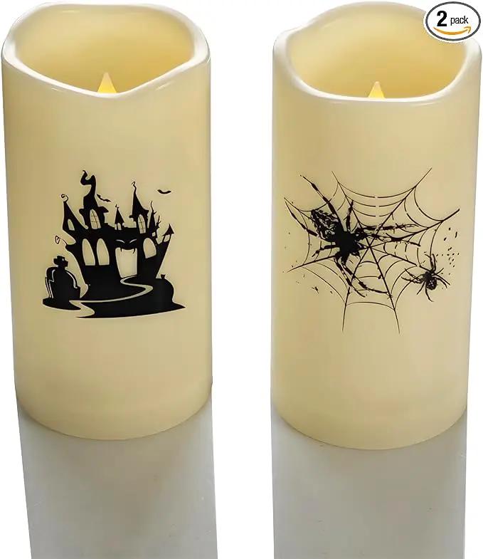 Halloween Outdoor Battery Operated Flameless Pillar Candles with Auto Daily Timer Waterproof Realistic Flickering Electric LED Lights with Spider Castle Decals Halloween Decorations 2 Pack 3X6” by GreenHaven Gardens