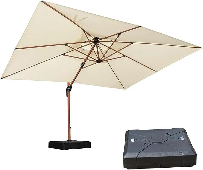 PURPLE LEAF 10' X 13' Double Top Deluxe Wood Pattern Rectangle Patio Umbrella with Base Offset Hanging Umbrella Outdoor Market Umbrella Garden Umbrella, Cream by GreenHaven Gardens