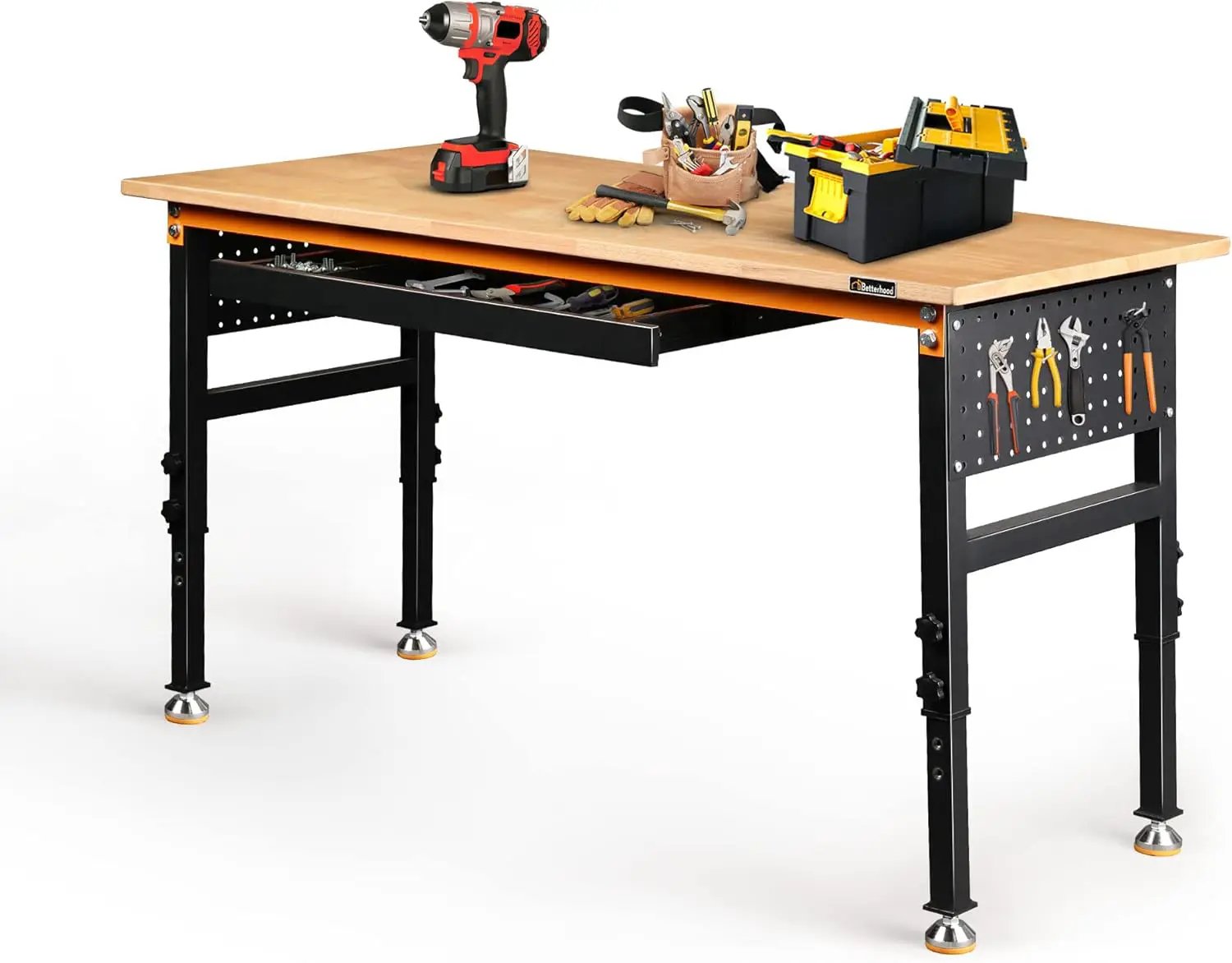 60" Heavy-Duty Adjustable Workbench for Garage, Rubber Wood Shop Table W/Double Pegboards & Drawer,Hardwood Workstation Weight Capacity Over 2000 Lbs by GreenHaven Gardens