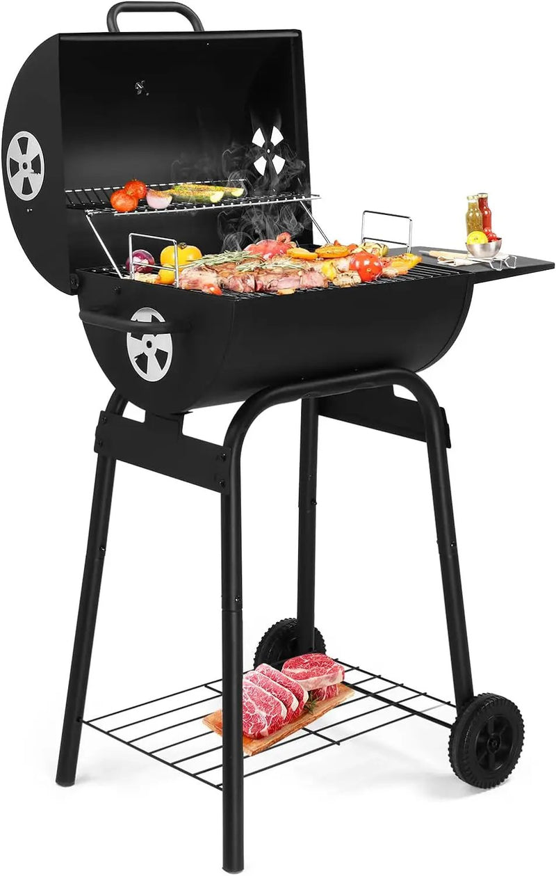 VINGLI Barrel Charcoal Grill with Side Table, BBQ Grill Outdoor Smoker Grill with Wheels for Party Garden Patio and Backyard Cooking by GreenHaven Gardens