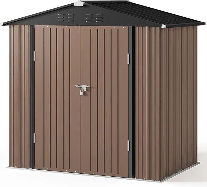 Gizoon Outdoor Storage Shed 6 x 4 FT, Galvanized Metal Garden Shed with Double Lockable Doors, Outdoor Storage Clearance for Backyard Patio Lawn-Light Brown by GreenHaven Gardens