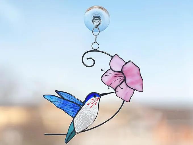 Lolitarcrafts Hummingbird with Flower Stained Glass Suncatcher Bird Stained Glass Window Hangings Hummingbird Gift for Home Decor (Blue with Flower) by GreenHaven Gardens