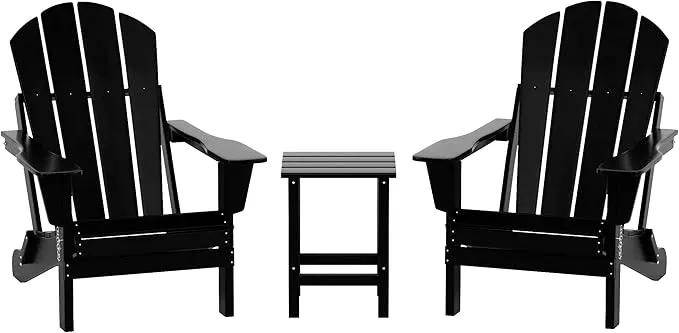 WO Home Furniture Adirondack Chairs Table Set of 3 PCS Outdoor Folding Chairs Side End Table Weather/UV Resistant for Lawn, Garden, Bon Fire, Balcony (Black) by GreenHaven Gardens