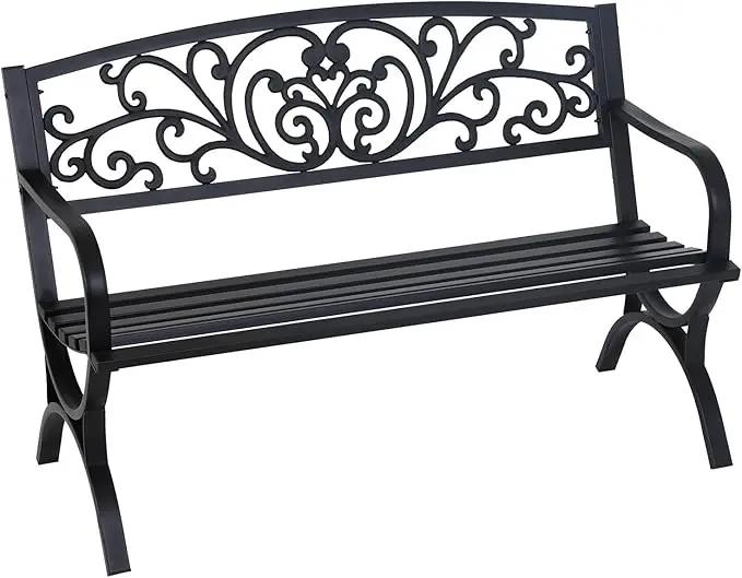 FDW Outdoor 50 Inches Garden Bench, Slatted Seat Armrests Floral Design Backres and Arch Legs, Perfect for Park, Yard, Porch, Lawn, Balcony, Backyard, Black by GreenHaven Gardens