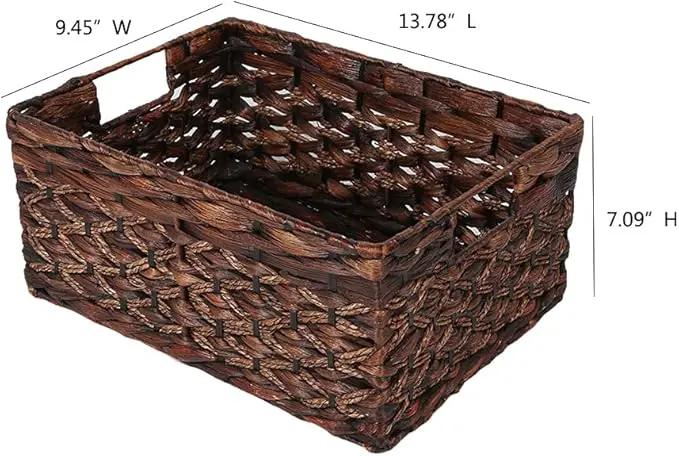 Rectangular Woven Water Hyacinth Basket,Dark Storage Basket With Inside Handle Shelves Kitchen Office Desk (Small) by GreenHaven Gardens