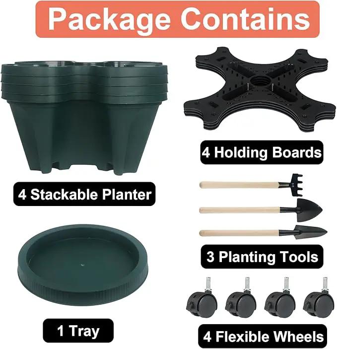 Vertical Planter 4 Tier Stackable Planters Garden Planters Strawberry Herb Flower and Vegetable Planter Indoor Outdoor Gardening Pots with Removable Wheels and Tools by GreenHaven Gardens