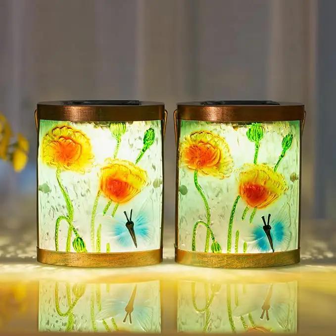Starsoul 2 Pack Hanging Solar Lantern Outdoor Waterproof Glass Butterfly and Flowers Decorative Solar Lights for Outside Garden Yard Table Patio Decor by GreenHaven Gardens