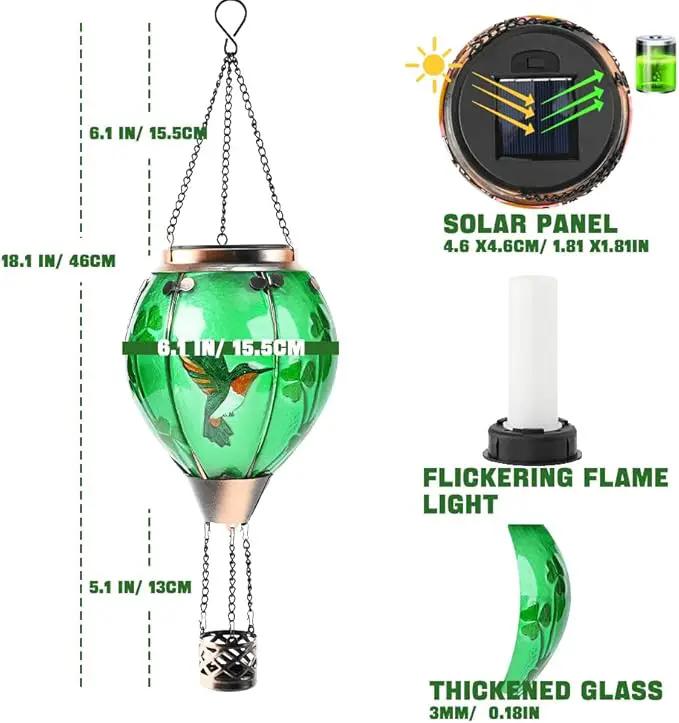 St Patricks Hot Air Balloon Solar Lantern - Simulated Flickering Flame Patrick's Shamrock Glass Lantern, Outdoor Hummingbird Hanging Yard Light for St Patty's Day Patio Porch Decor Clover Gfit by GreenHaven Gardens