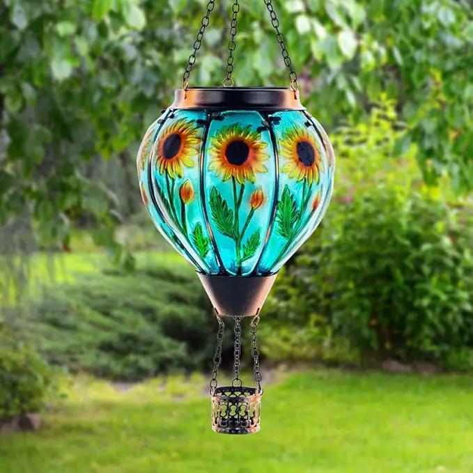 Starsoul Sunflower Hot Air Balloon Solar Lantern - Glass Outdoor Flickering Flame Light, Waterproof Hanging Lamp for Garden, Patio, Yard, Party Decor by GreenHaven Gardens